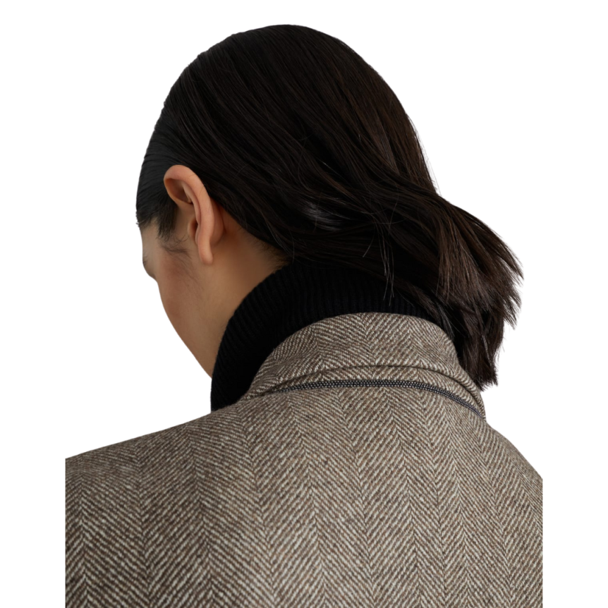 Veste laine cardée BRUNELLO CUCINELLI marron motif chevrons ornement Monile