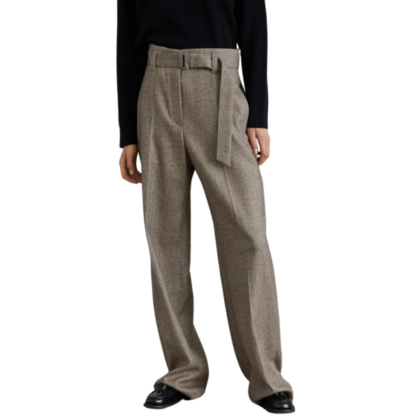 Pantalon Corset Loose BRUNELLO CUCINELLI laine cardée motif chevrons ceinture ornement Monile