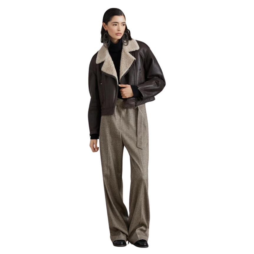 Pantalon Corset Loose BRUNELLO CUCINELLI laine cardée motif chevrons ceinture ornement Monile