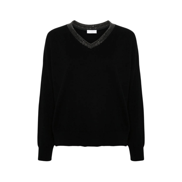 Pull col V BRUNELLO CUCINELLI cachemire noir ornement Monile