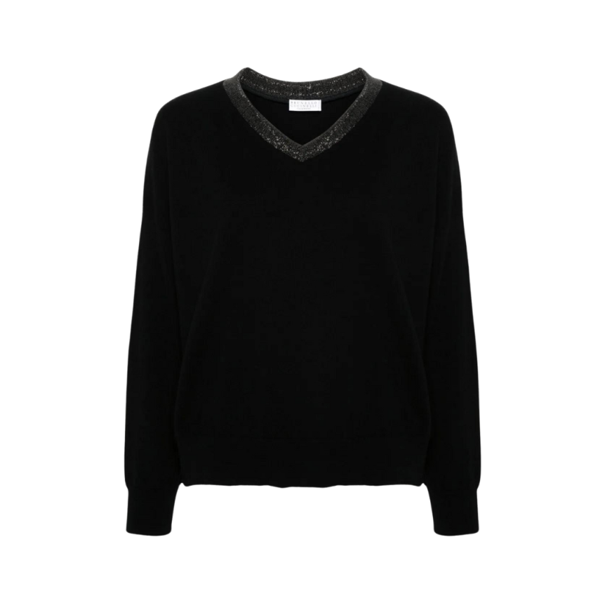 Pull col V BRUNELLO CUCINELLI cachemire noir ornement Monile