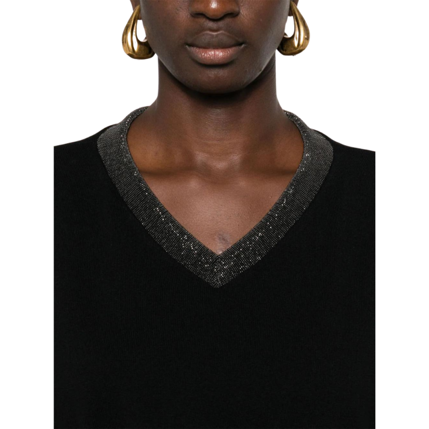 Pull col V BRUNELLO CUCINELLI cachemire noir ornement Monile