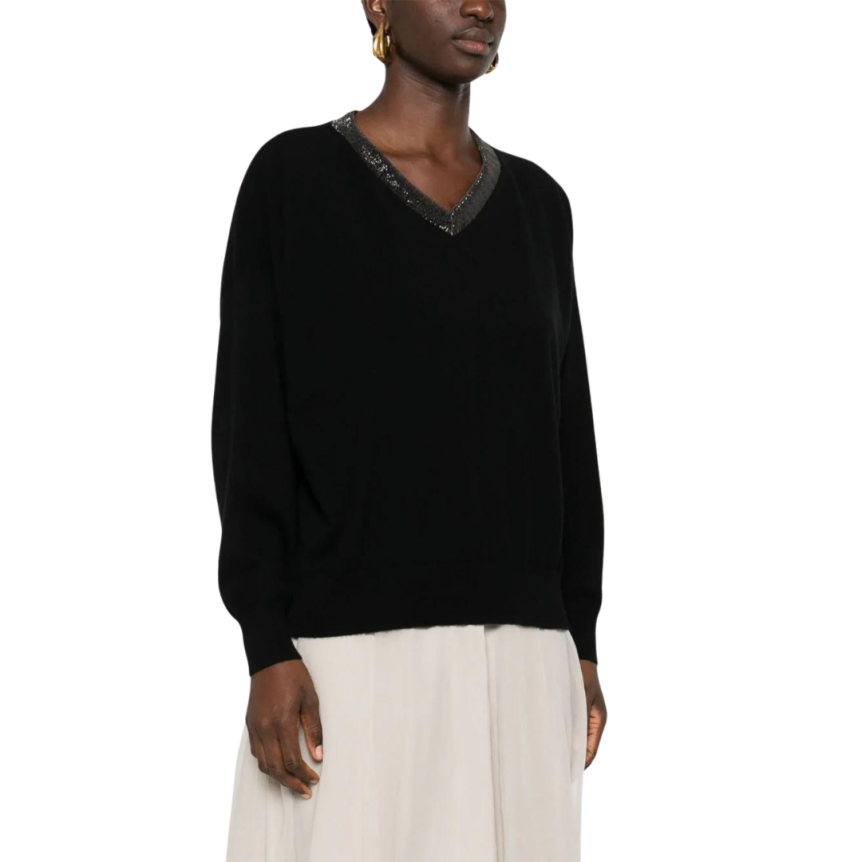 Pull col V BRUNELLO CUCINELLI cachemire noir ornement Monile