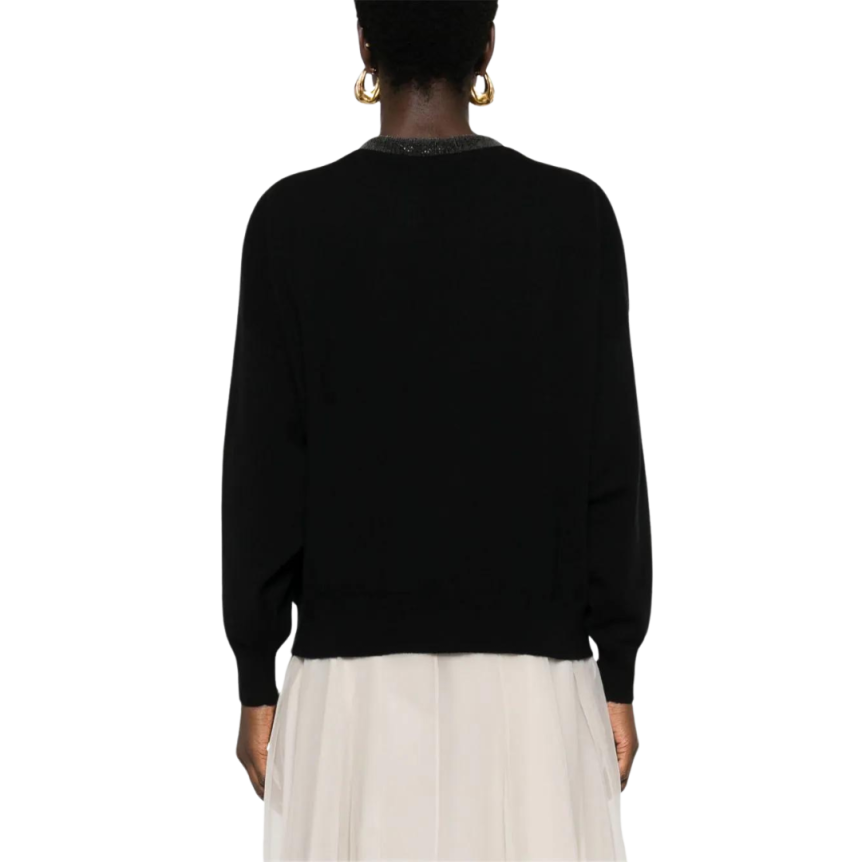 Pull col V BRUNELLO CUCINELLI cachemire noir ornement Monile