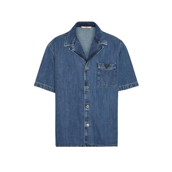 Chemise bowling VALENTINO denim coton bleu logo V métal