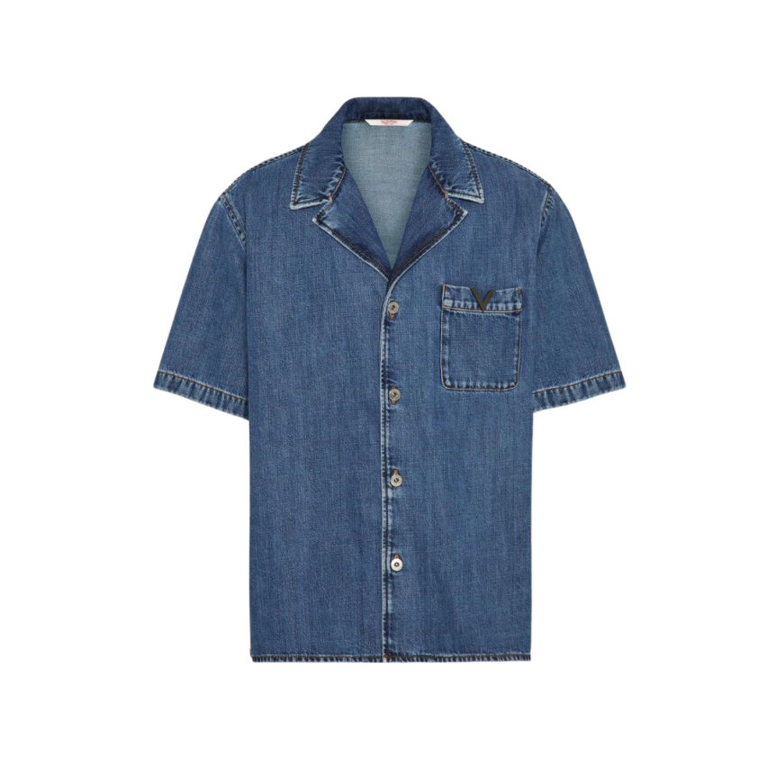 Chemise bowling VALENTINO denim coton bleu logo V métal