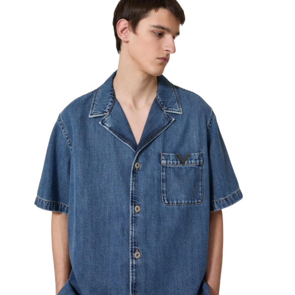 Chemise bowling VALENTINO denim coton bleu logo V métal
