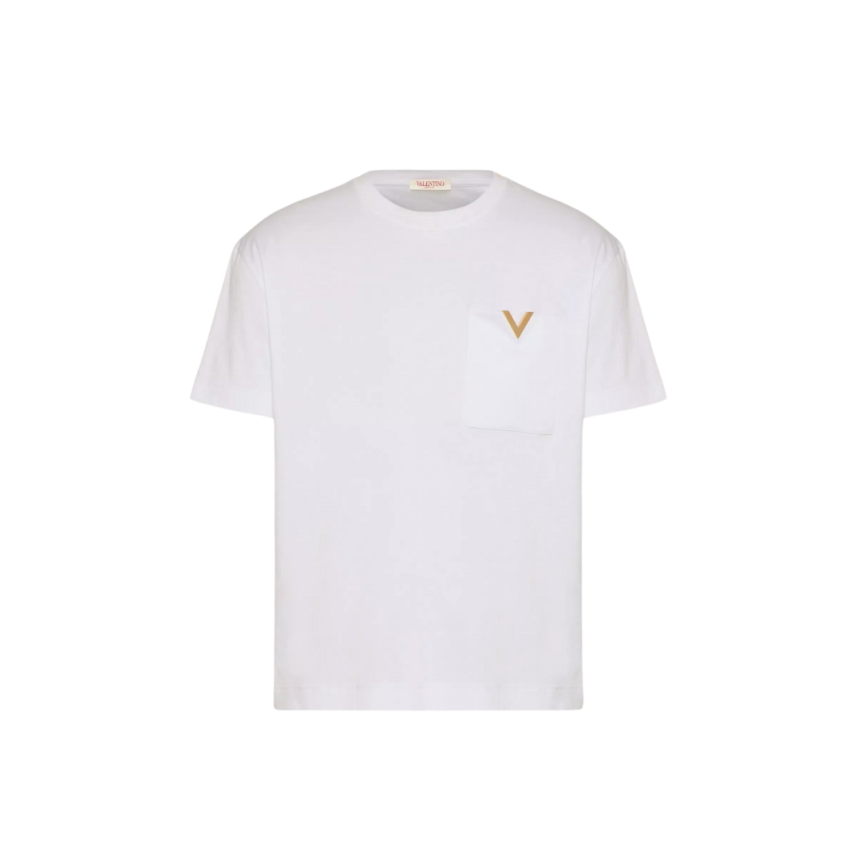 T-shirt col rond VALENTINO coton blanc logo V métal