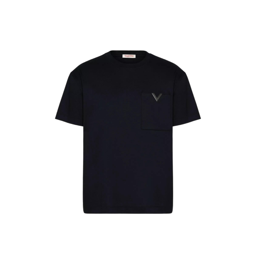 T-shirt col rond VALENTINO coton noir logo V métal