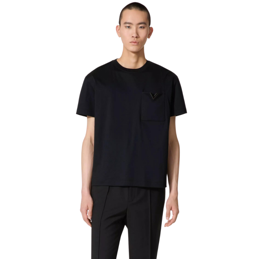 T-shirt col rond VALENTINO coton noir logo V métal