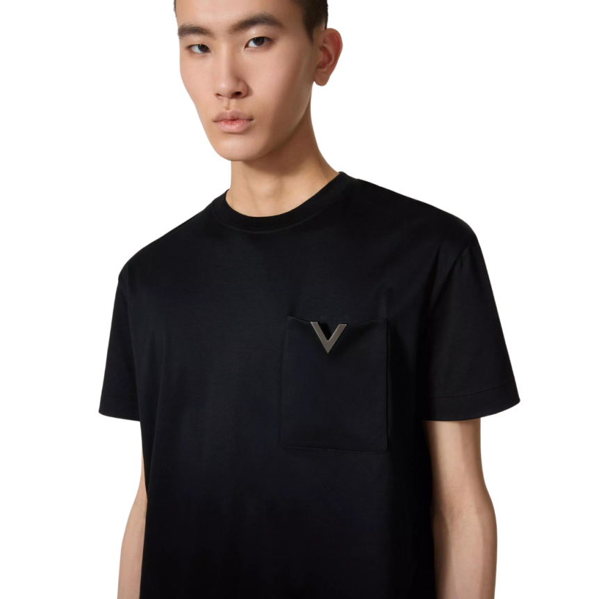 T-shirt col rond VALENTINO coton noir logo V métal
