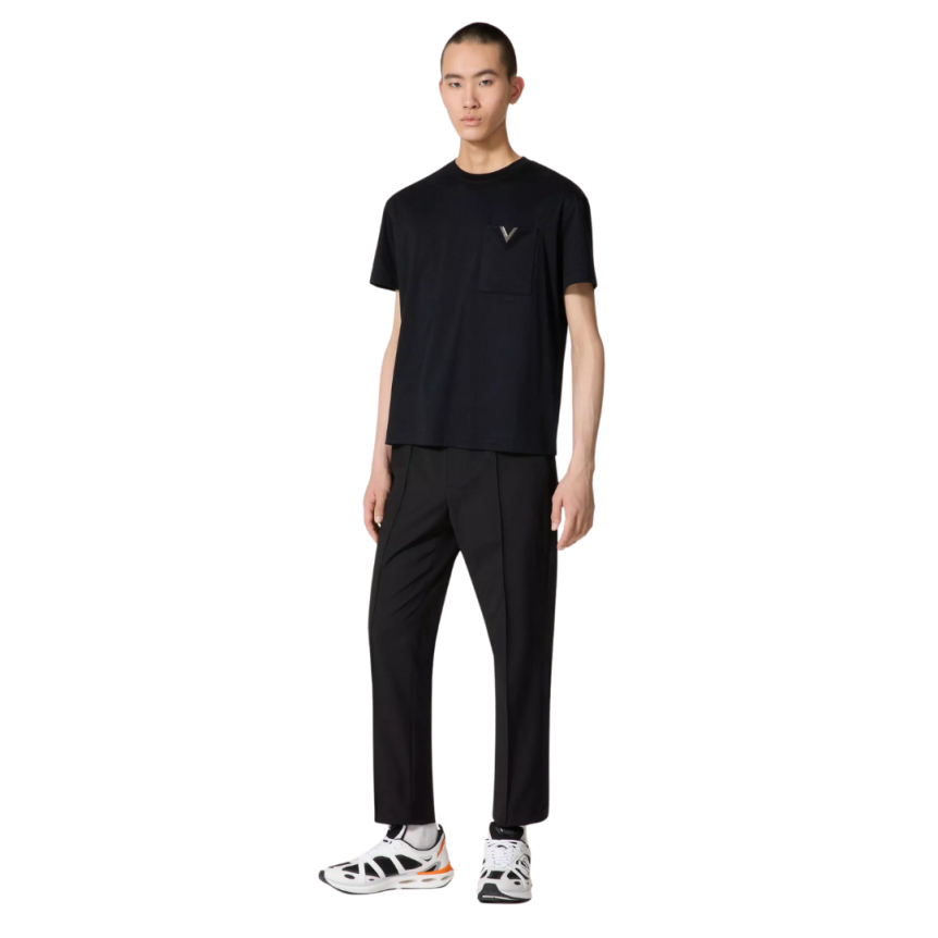 T-shirt col rond VALENTINO coton noir logo V métal