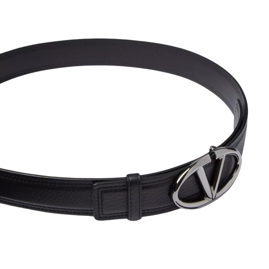 Ceinture The Bold Edition cuir veau grainé noir boucle logo V oval