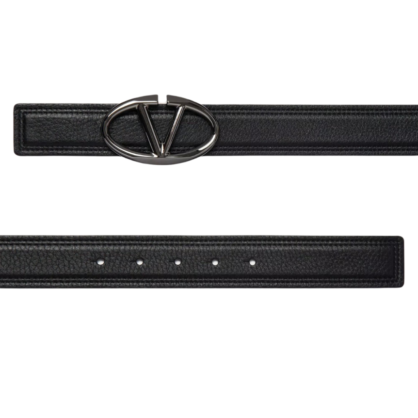 Ceinture The Bold Edition cuir veau grainé noir boucle logo V oval