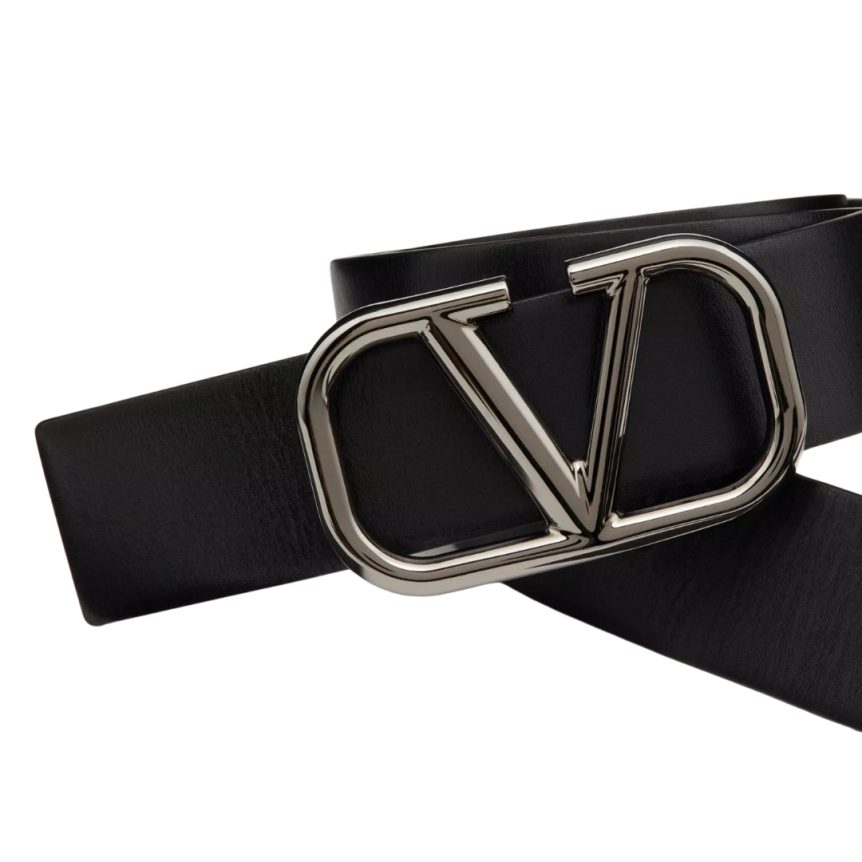Ceinture VALENTINO cuir veau noir boucle logo V argent