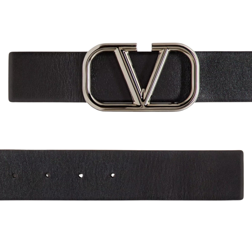Ceinture VALENTINO cuir veau noir boucle logo V argent