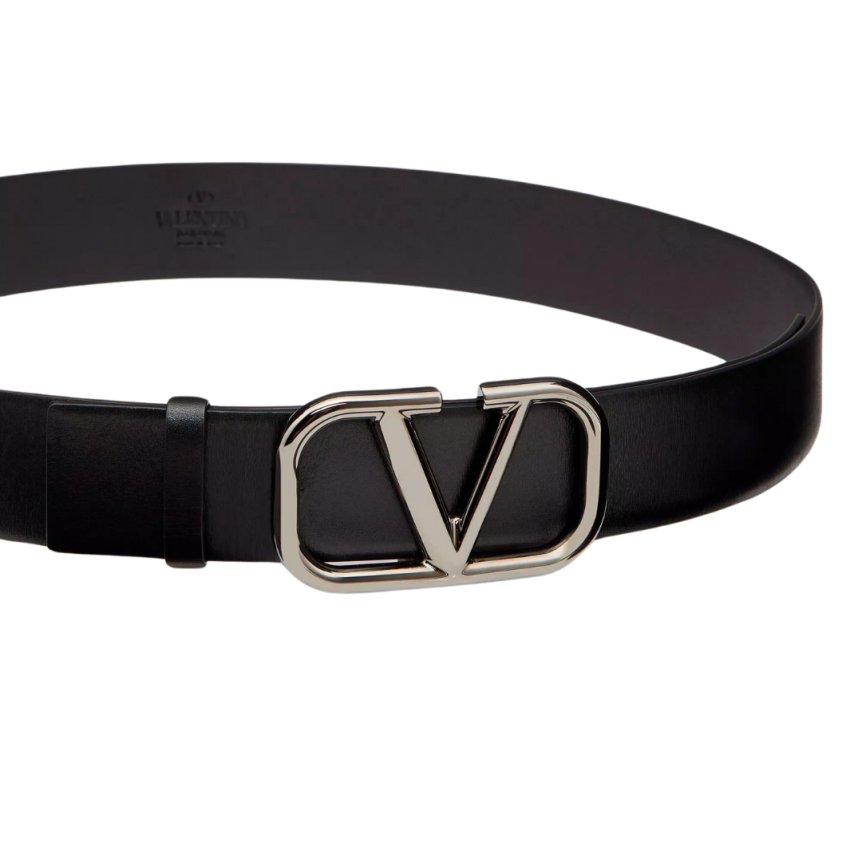 Ceinture VALENTINO cuir veau noir boucle logo V argent