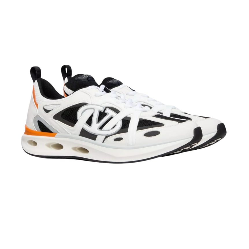 Baskets basses VALENTINO Easyjog cuir veau noir blanc orange V Logo