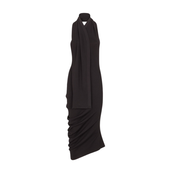 Robe mi longue FENDI sans manche drapée écharpe coton soie noir