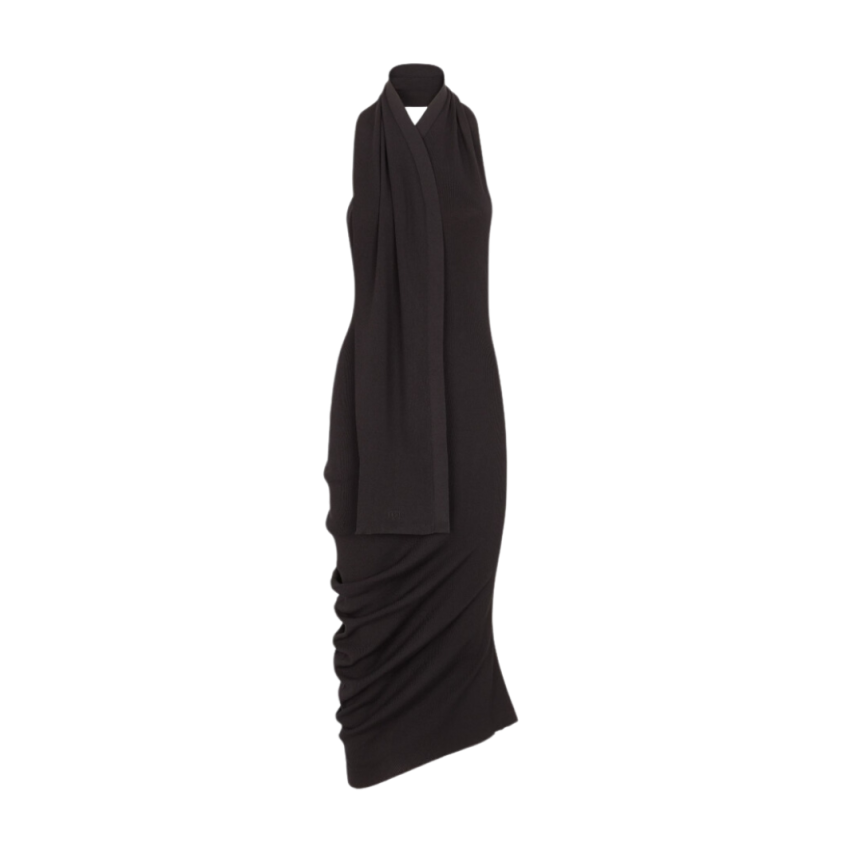 Robe mi longue FENDI sans manche drapée écharpe coton soie noir
