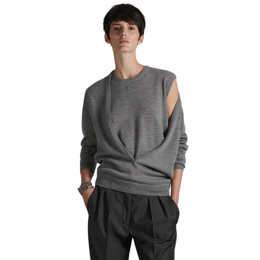 Pull BARBARA BUI manche longue col V échancré laine mérinos gris