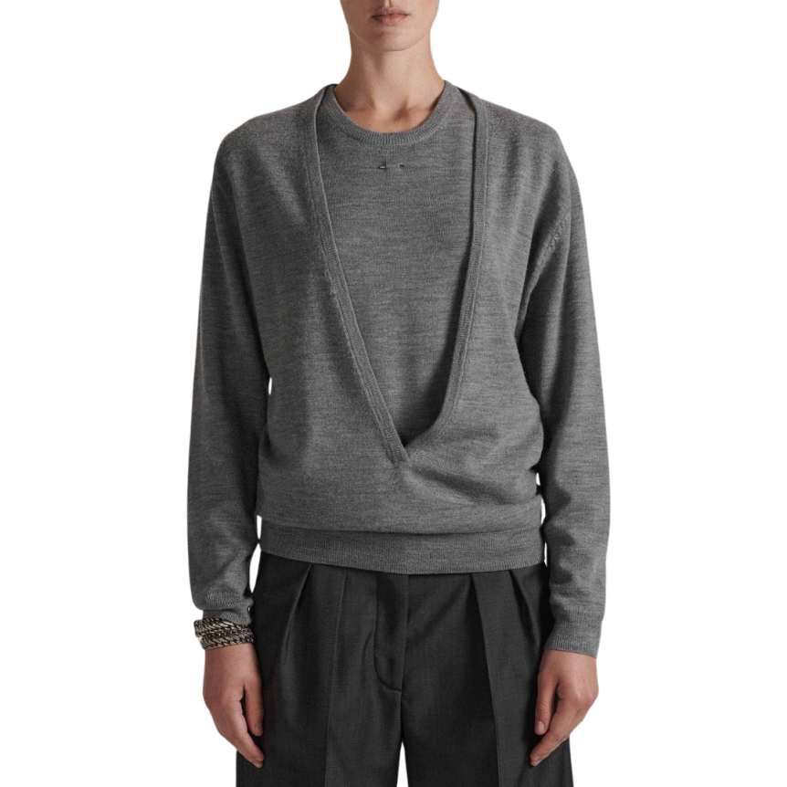 Pull BARBARA BUI manche longue col V échancré laine mérinos gris
