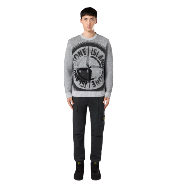 Pull ras-du-cou STONE ISLAND laine mélangée grise effet gaze logo Compass jacquard