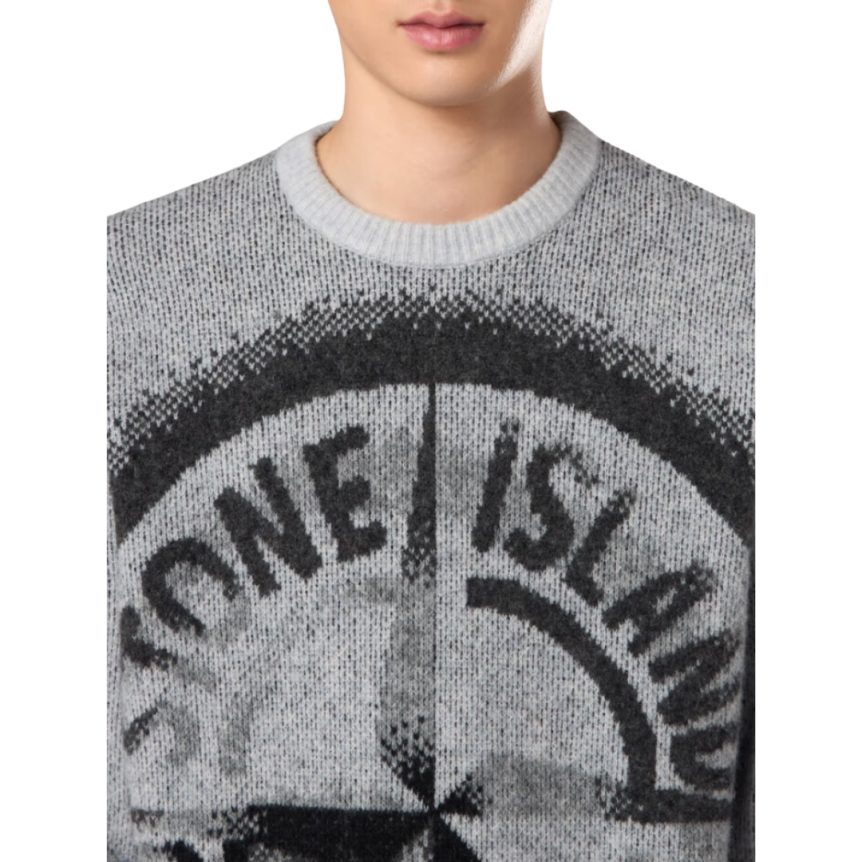 Pull ras-du-cou STONE ISLAND laine mélangée grise effet gaze logo Compass jacquard