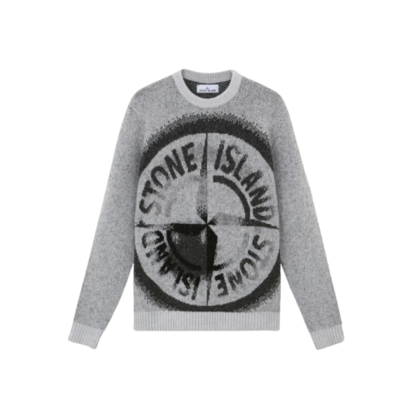 Pull ras-du-cou STONE ISLAND laine mélangée grise effet gaze logo Compass jacquard