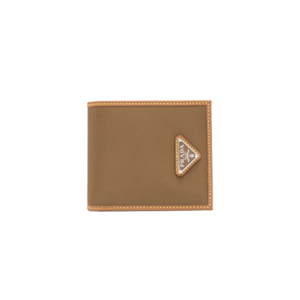 Porte carte PRADA double volet nylon marron cuir camel