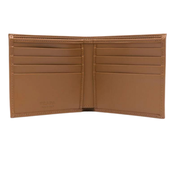 Porte carte PRADA double volet nylon marron cuir camel