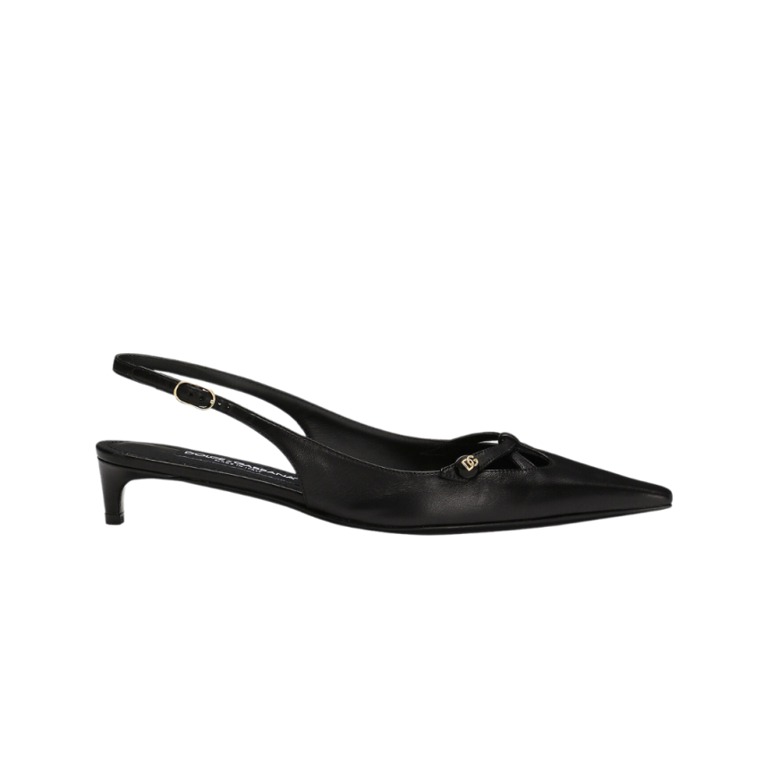 Escarpins DOLCE & GABBANA Slingback  à bride arrière cuir nappa noir logo DG doré