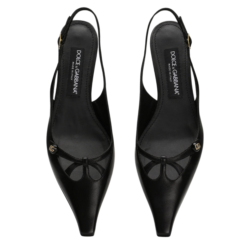 Escarpins DOLCE & GABBANA Slingback  à bride arrière cuir nappa noir logo DG doré