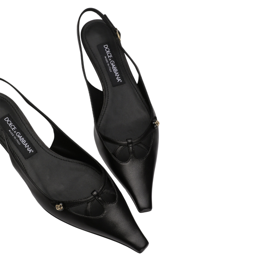 Escarpins DOLCE & GABBANA Slingback  à bride arrière cuir nappa noir logo DG doré