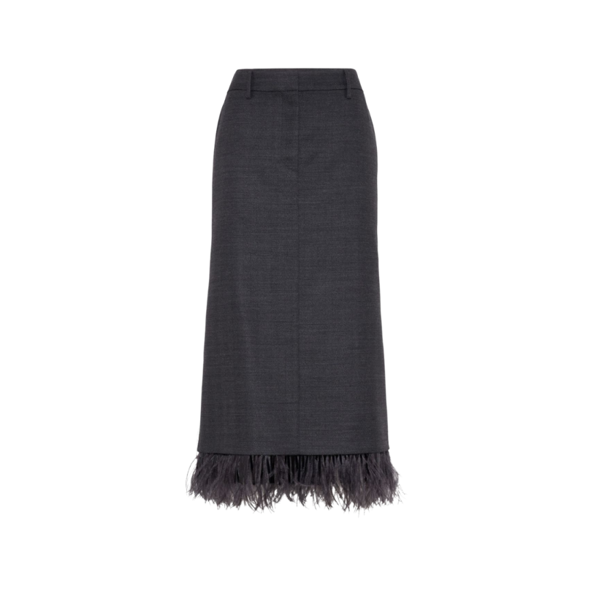 Jupe longue BRUNELLO CUCINELLI laine vierge gris anthracite plumes