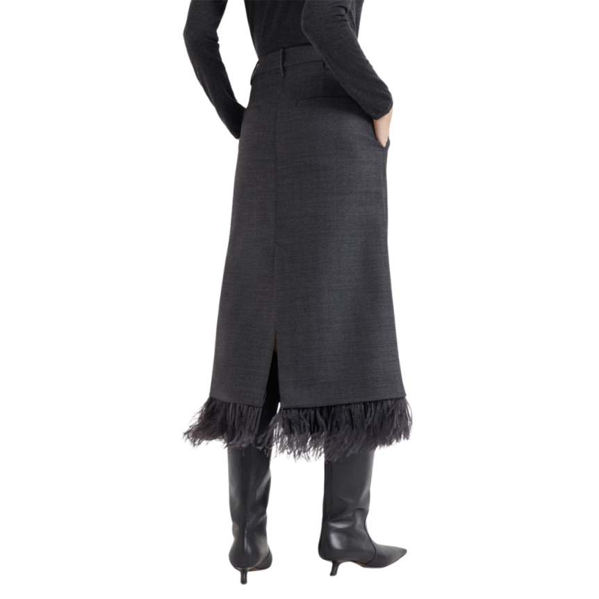 Jupe longue BRUNELLO CUCINELLI laine vierge gris anthracite plumes