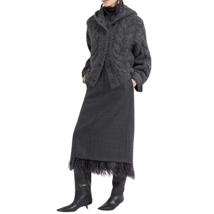 Jupe longue BRUNELLO CUCINELLI laine vierge gris anthracite plumes