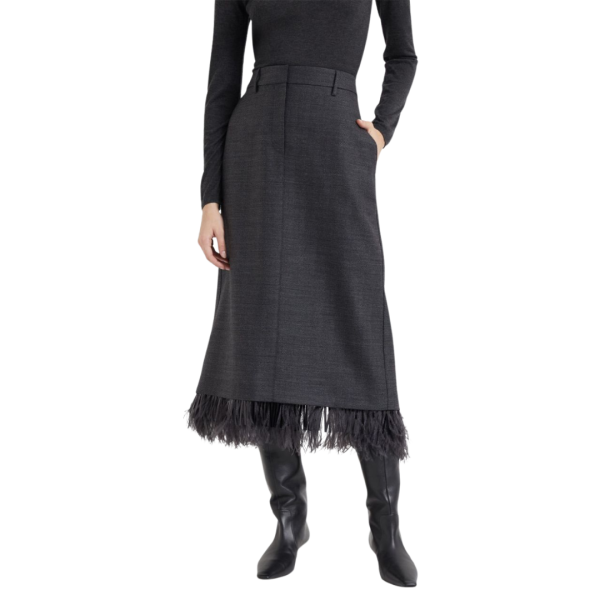 Jupe longue BRUNELLO CUCINELLI laine vierge gris anthracite plumes