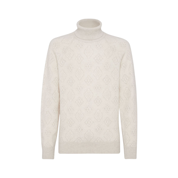 Pull col roulé BRUNELLO CUCINELLI laine alpaga jacquard blanc ecru