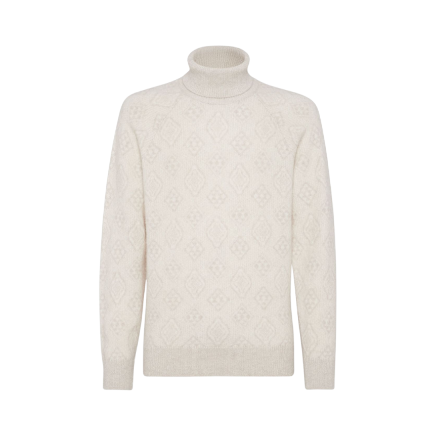 Pull col roulé BRUNELLO CUCINELLI laine alpaga jacquard blanc ecru