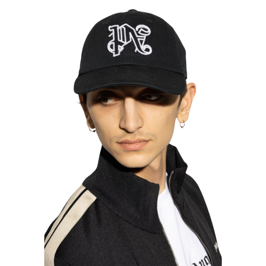 casquette PALM ANGELS coton noir motif monogrammé PA blanc