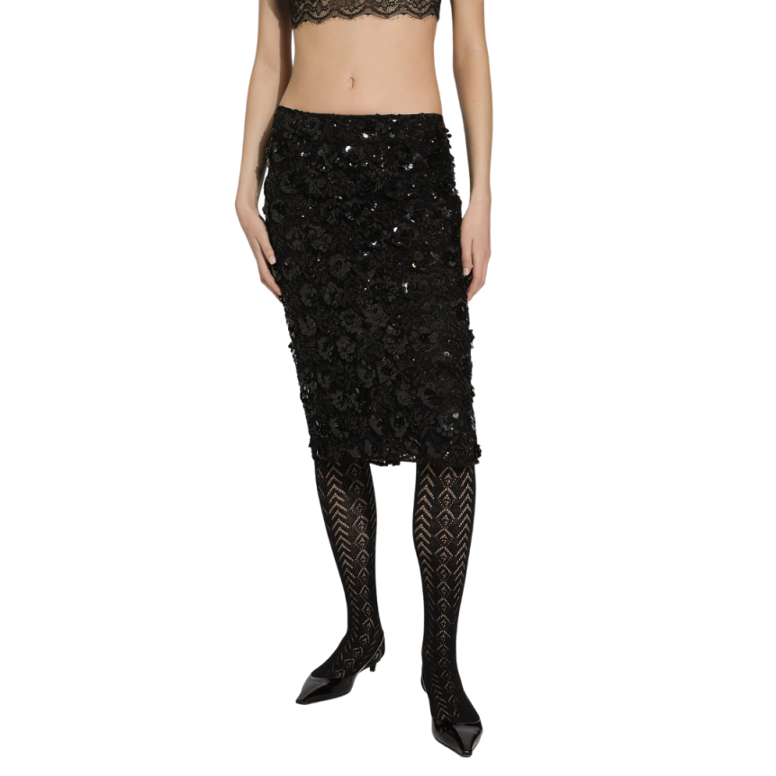 Jupe mi-mollet DOLCE & GABBANA dentelle viscose noir paillettes sequins