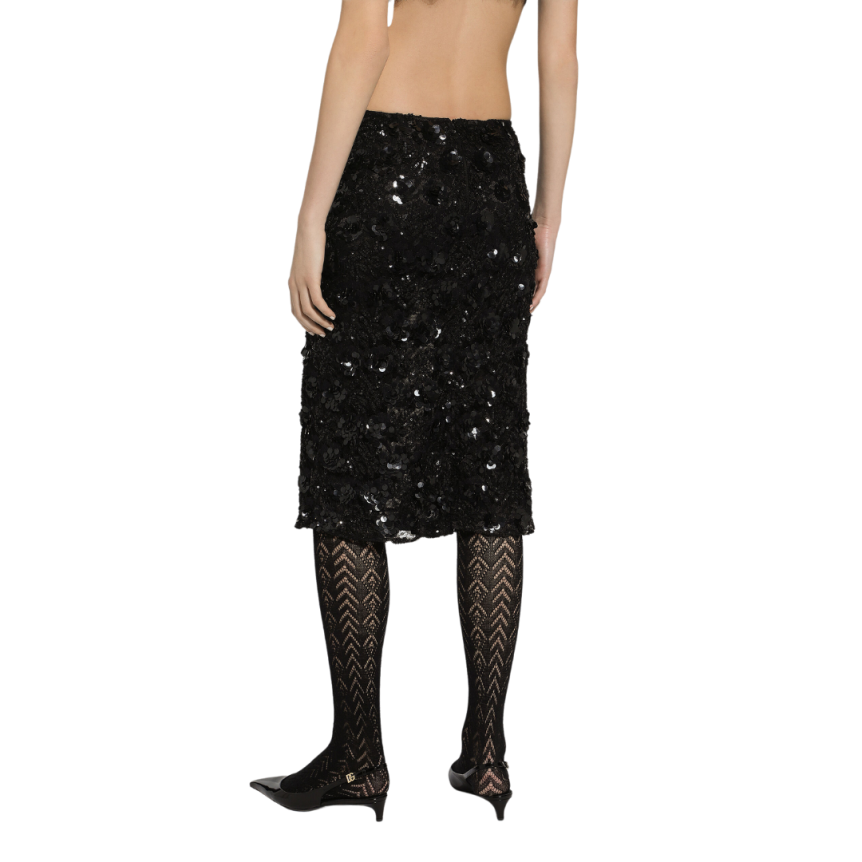 Jupe mi-mollet DOLCE & GABBANA dentelle viscose noir paillettes sequins
