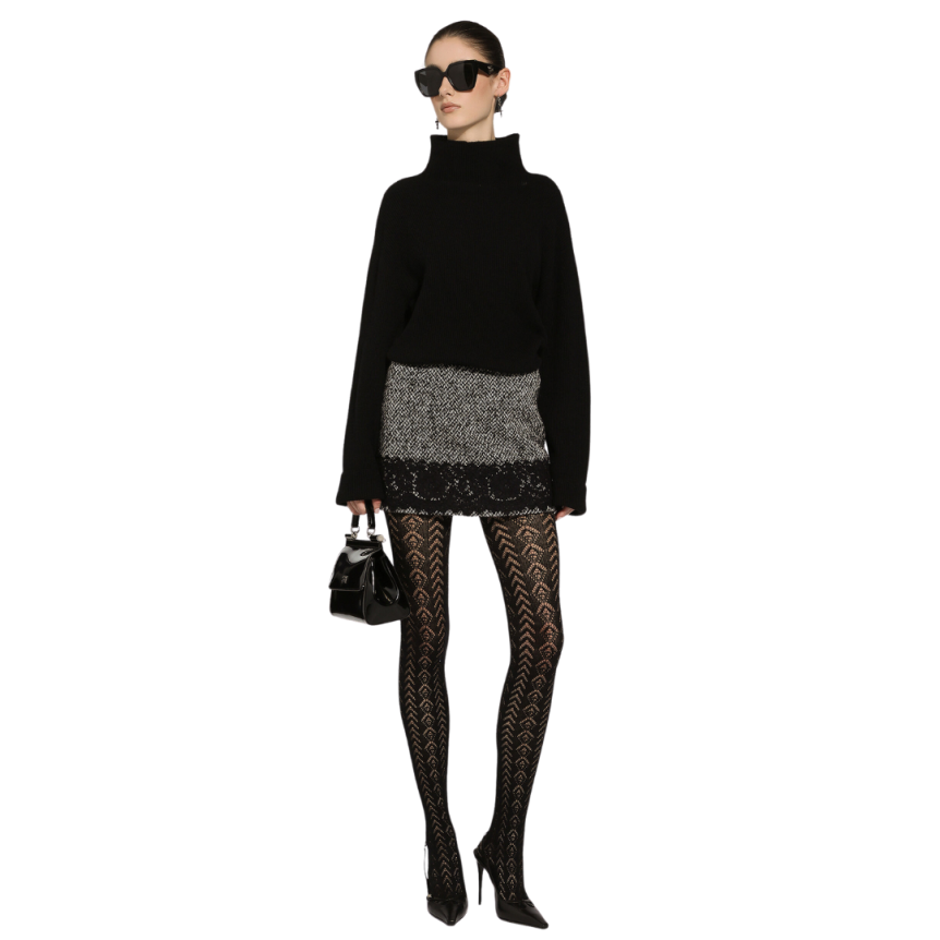 Jupe courte DOLCE & GABBANA micro-tweed laine coton gris dentelle