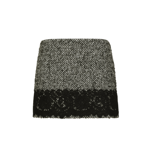 Jupe courte DOLCE & GABBANA micro-tweed laine coton gris dentelle