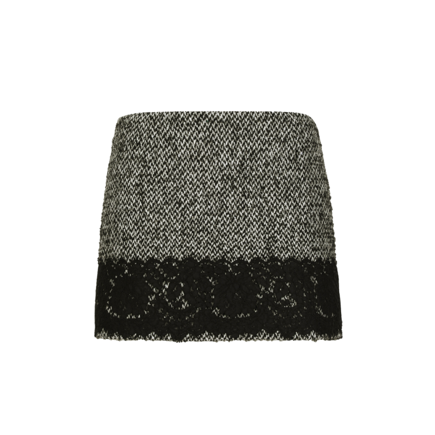 Jupe courte DOLCE & GABBANA micro-tweed laine coton gris dentelle