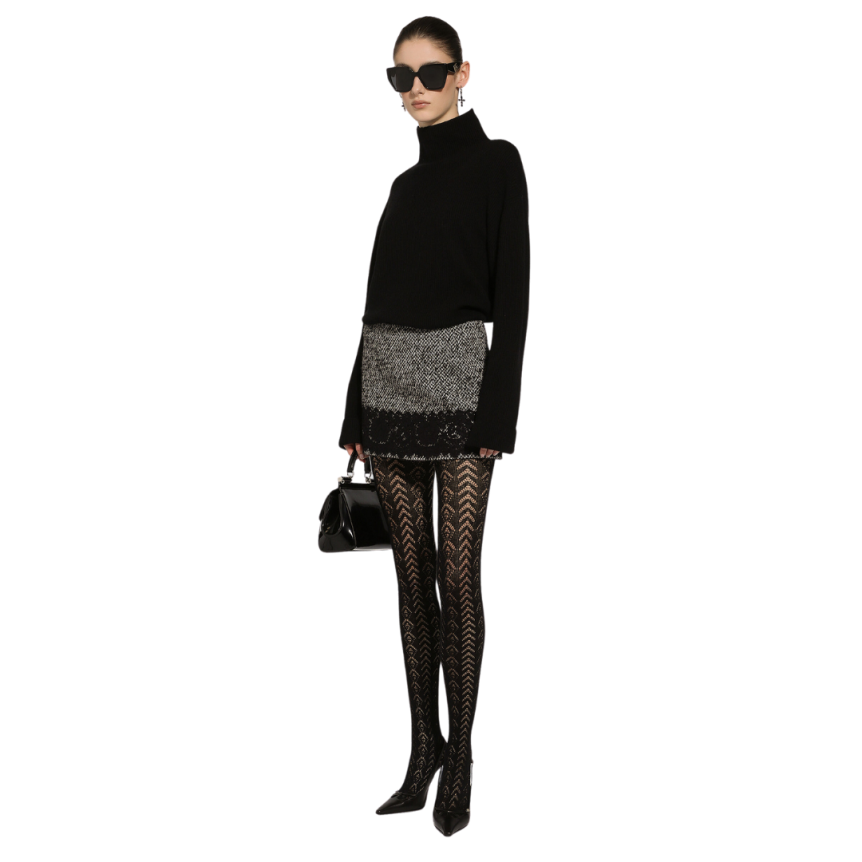 Jupe courte DOLCE & GABBANA micro-tweed laine coton gris dentelle