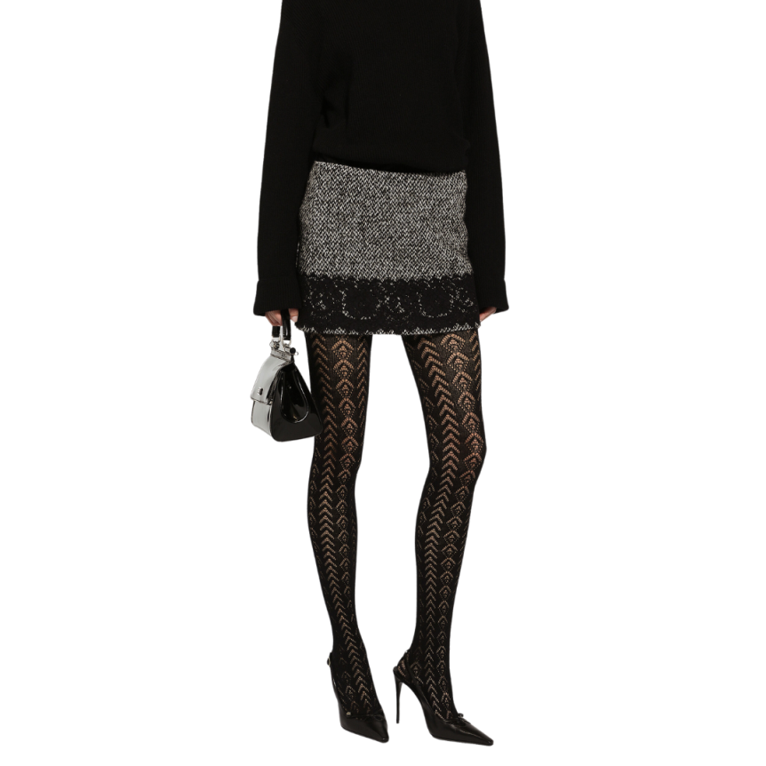 Jupe courte DOLCE & GABBANA micro-tweed laine coton gris dentelle