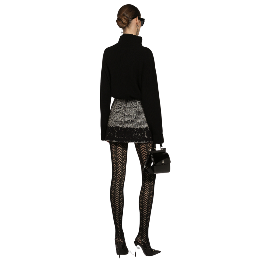 Jupe courte DOLCE & GABBANA micro-tweed laine coton gris dentelle