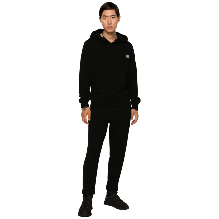 Pull à capuche DOLCE & GABBANA en laine et cachemire noir plaque logo métal
